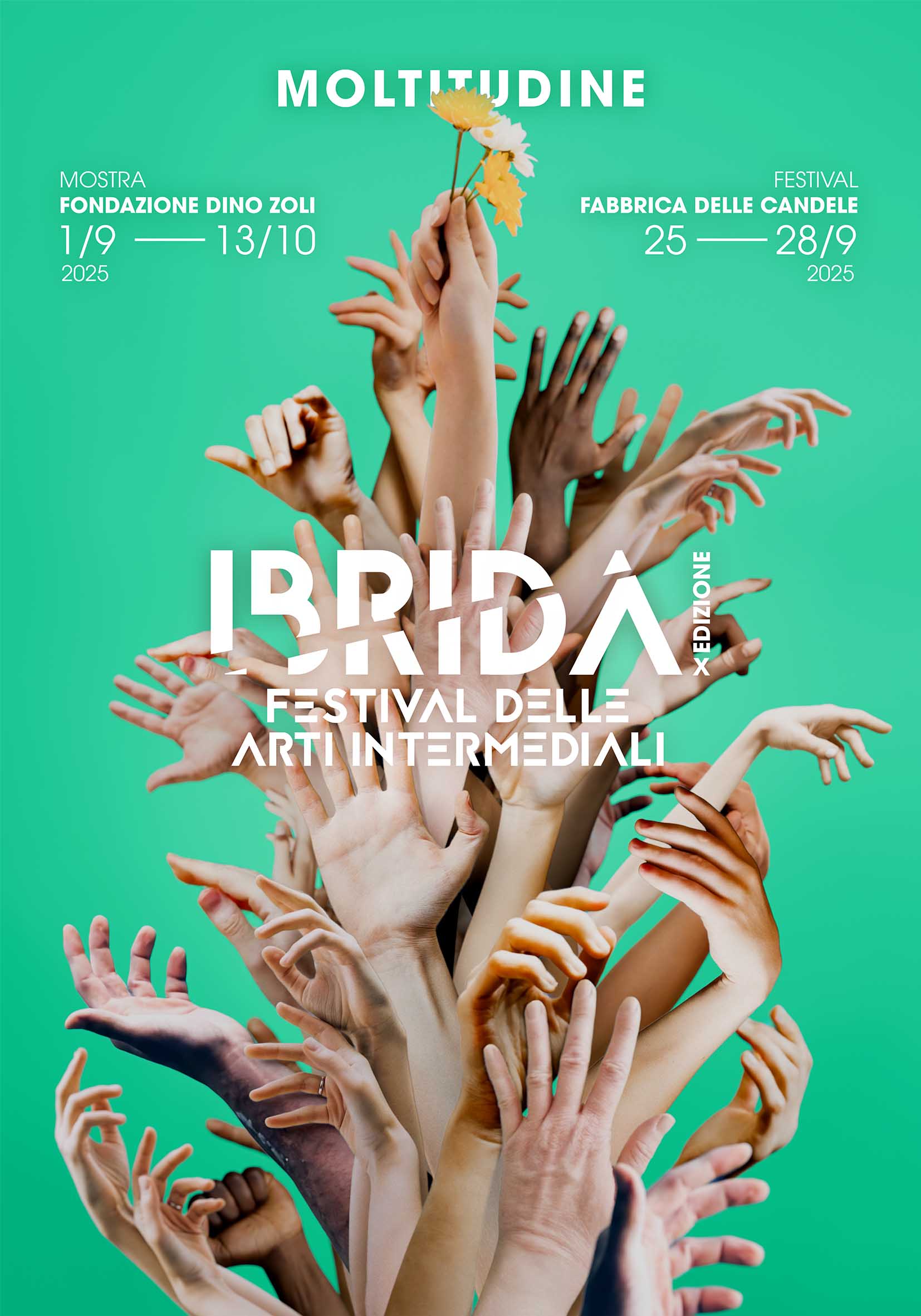 Official poster for Ibrida Festival 2025 – graphic composition with hands and flower